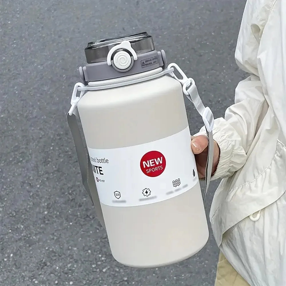 2L Large Capacity Thermos Bottle Stainless Steel Portable Vacuum Insulated Tumbler Keep Cold and Hot Thermo Cup With Back Strap