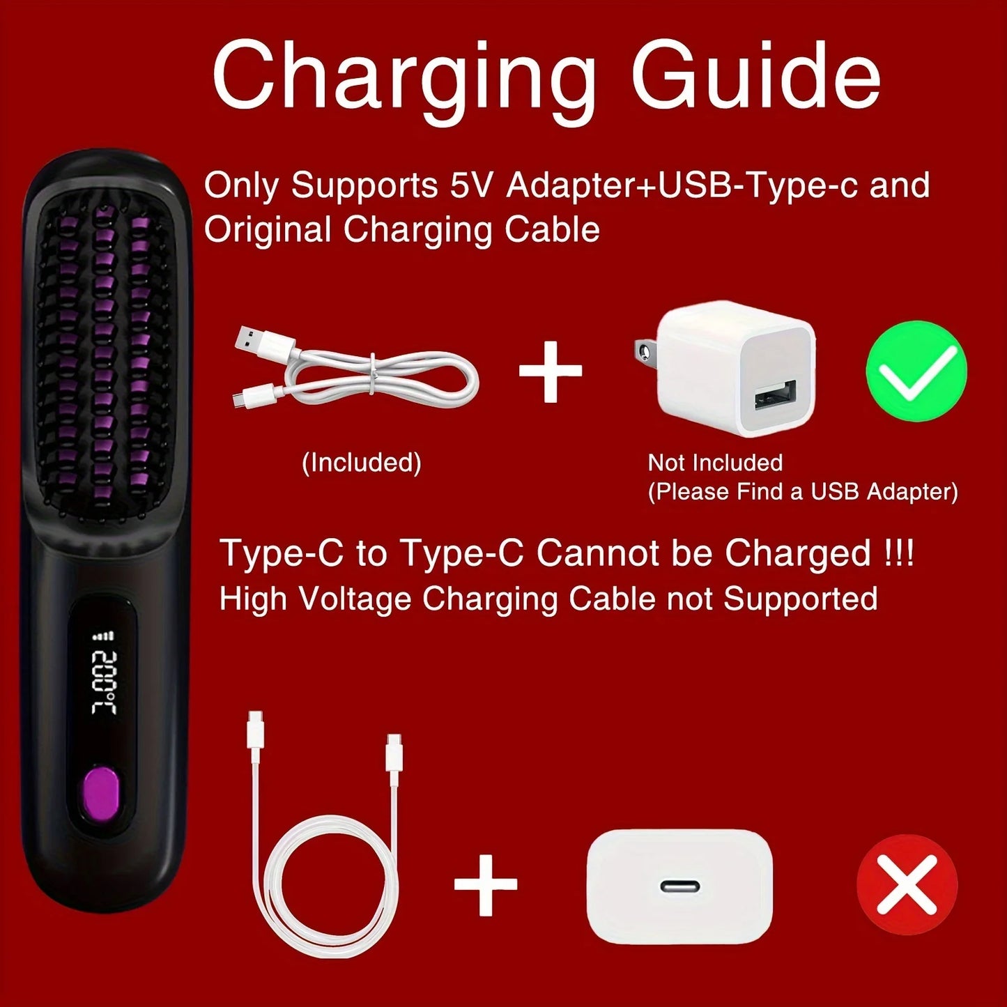 Cordless Hair Straightener Brush 3-Temperature Adjustable Electric Negative Ions Anti-Scald Straightening Comb Hair Styling Tool