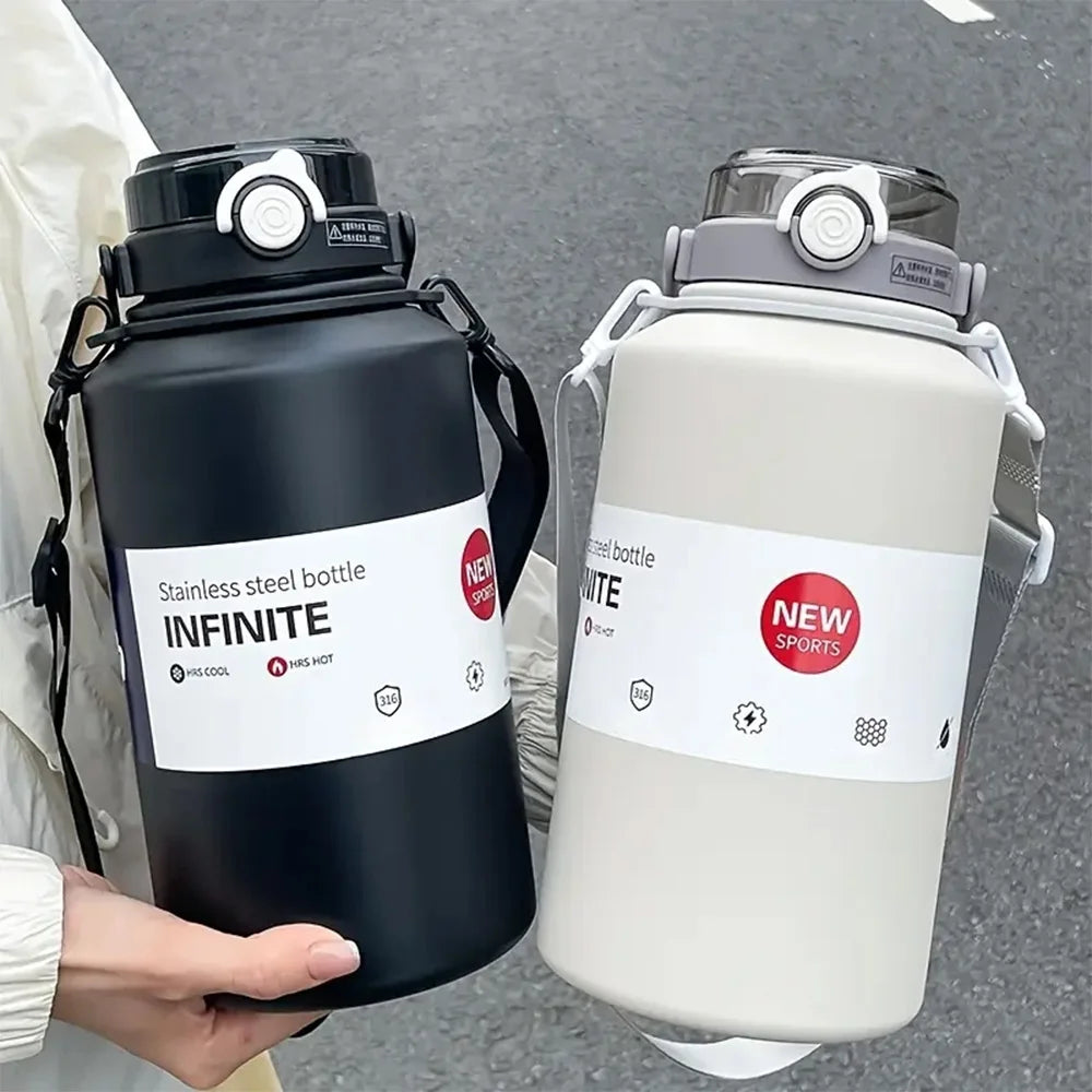 2L Large Capacity Thermos Bottle Stainless Steel Portable Vacuum Insulated Tumbler Keep Cold and Hot Thermo Cup With Back Strap