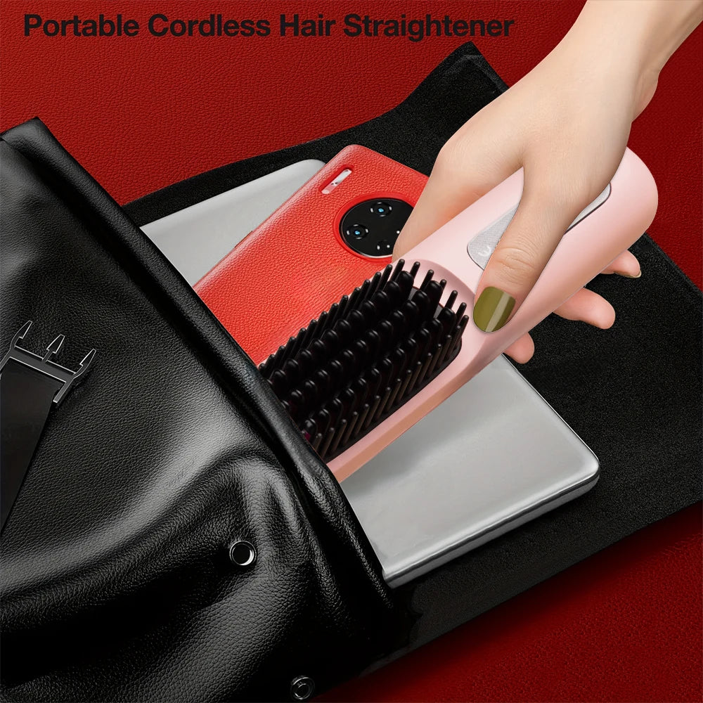 Cordless Hair Straightener Brush 3-Temperature Adjustable Electric Negative Ions Anti-Scald Straightening Comb Hair Styling Tool