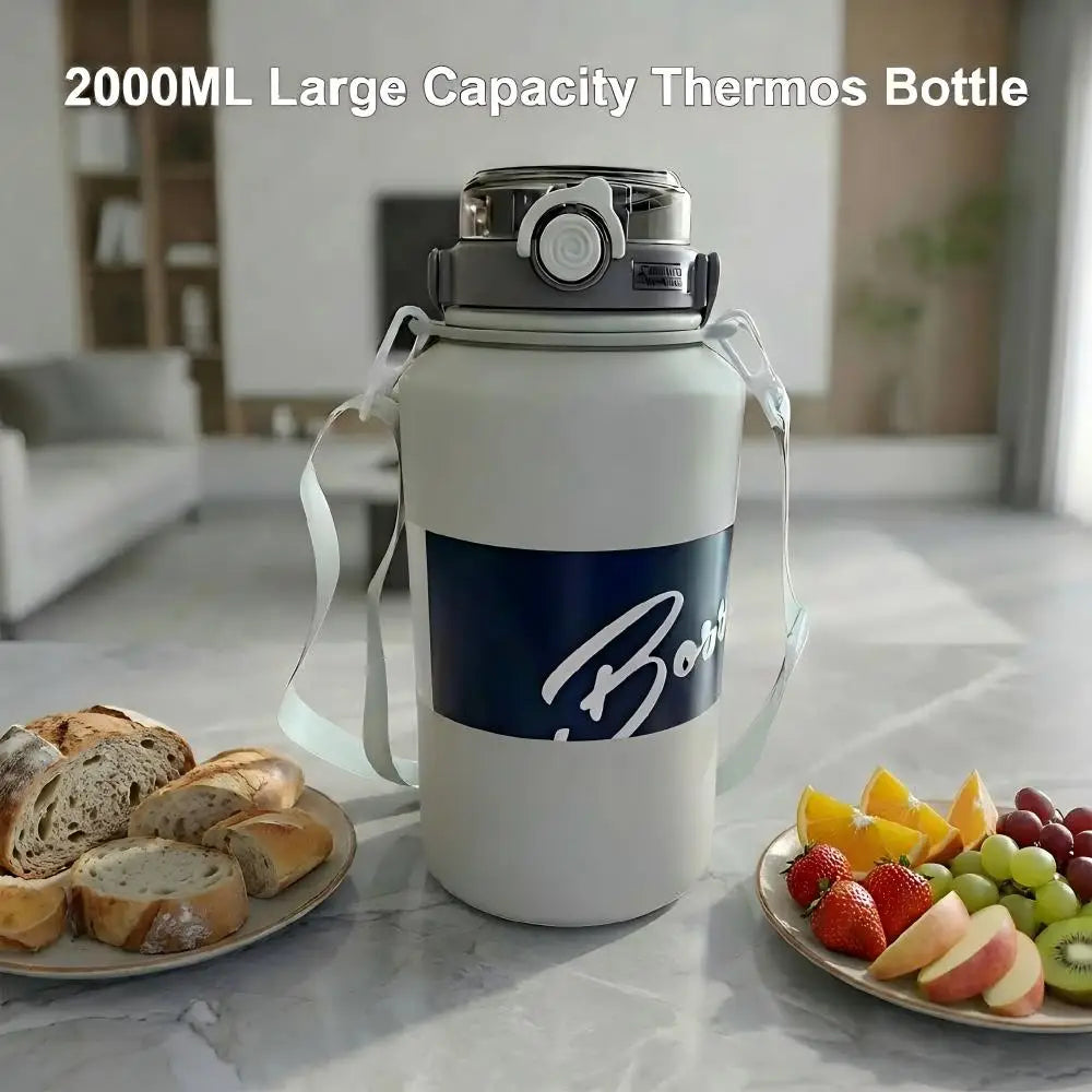 2L Large Capacity Thermos Bottle Stainless Steel Portable Vacuum Insulated Tumbler Keep Cold and Hot Thermo Cup With Back Strap