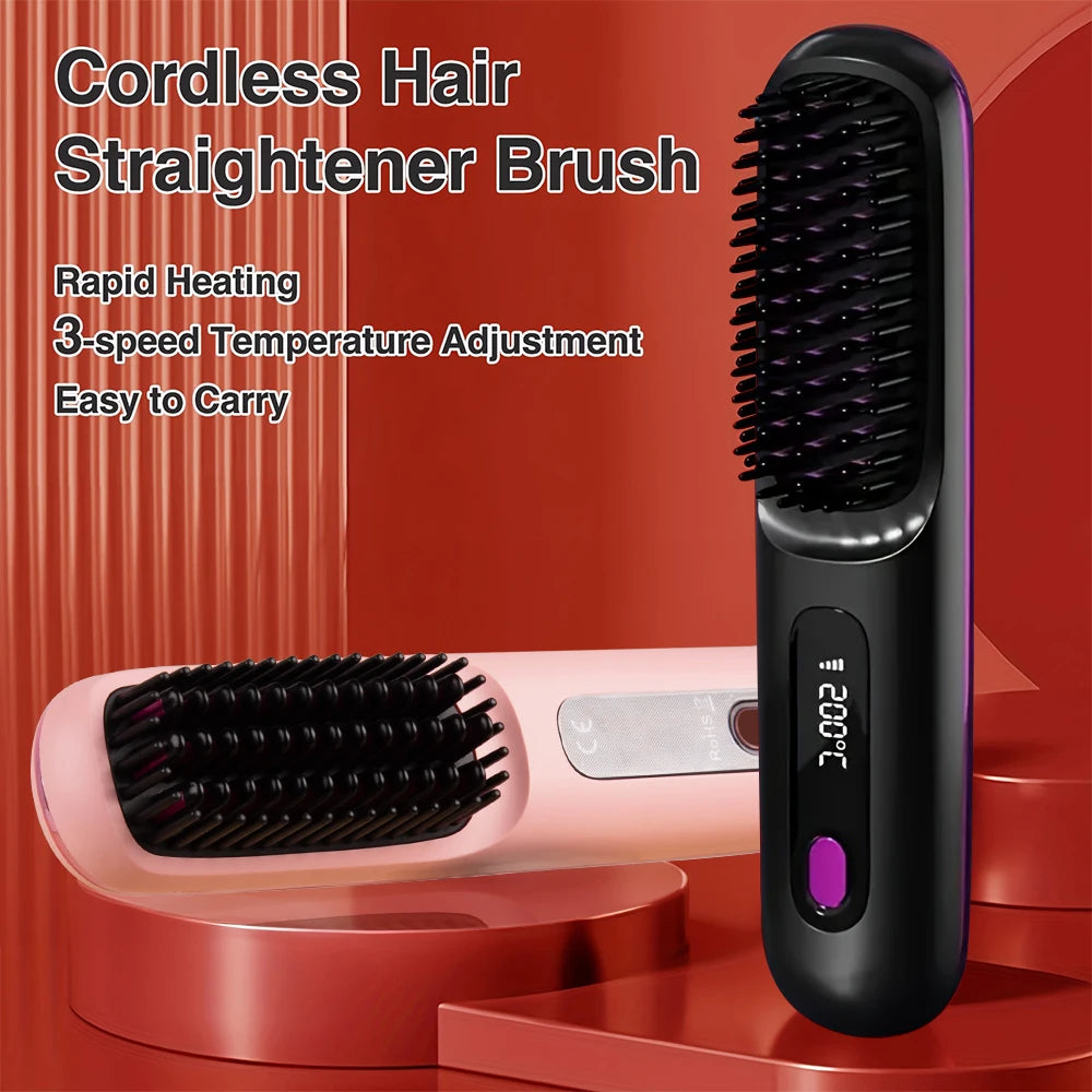 Cordless Hair Straightener Brush 3-Temperature Adjustable Electric Negative Ions Anti-Scald Straightening Comb Hair Styling Tool