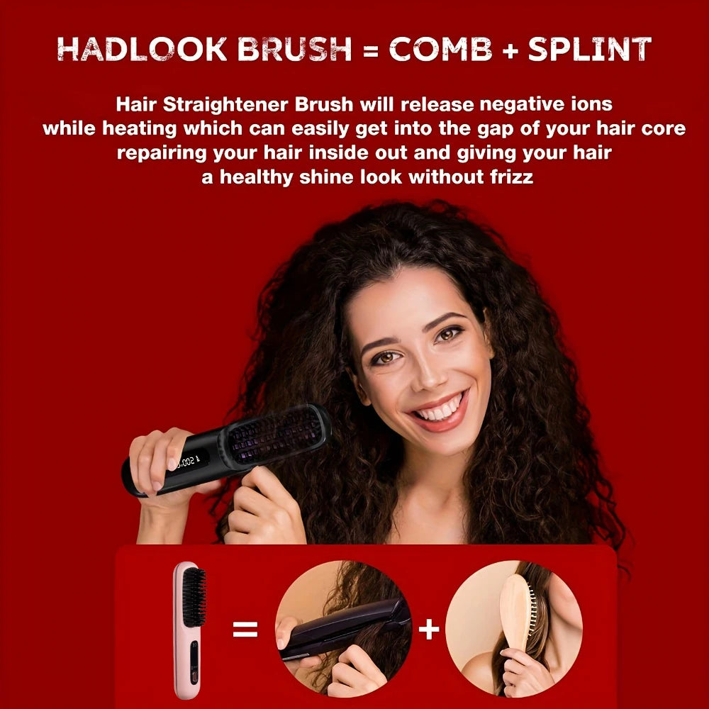 Cordless Hair Straightener Brush 3-Temperature Adjustable Electric Negative Ions Anti-Scald Straightening Comb Hair Styling Tool