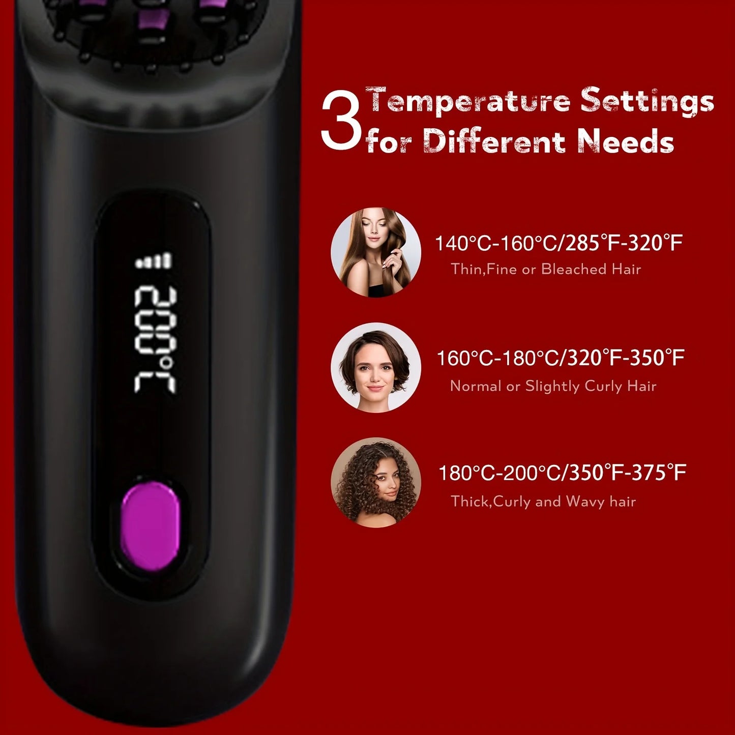 Cordless Hair Straightener Brush 3-Temperature Adjustable Electric Negative Ions Anti-Scald Straightening Comb Hair Styling Tool