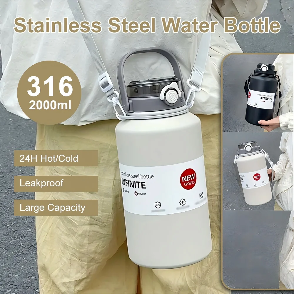 2L Large Capacity Thermos Bottle Stainless Steel Portable Vacuum Insulated Tumbler Keep Cold and Hot Thermo Cup With Back Strap