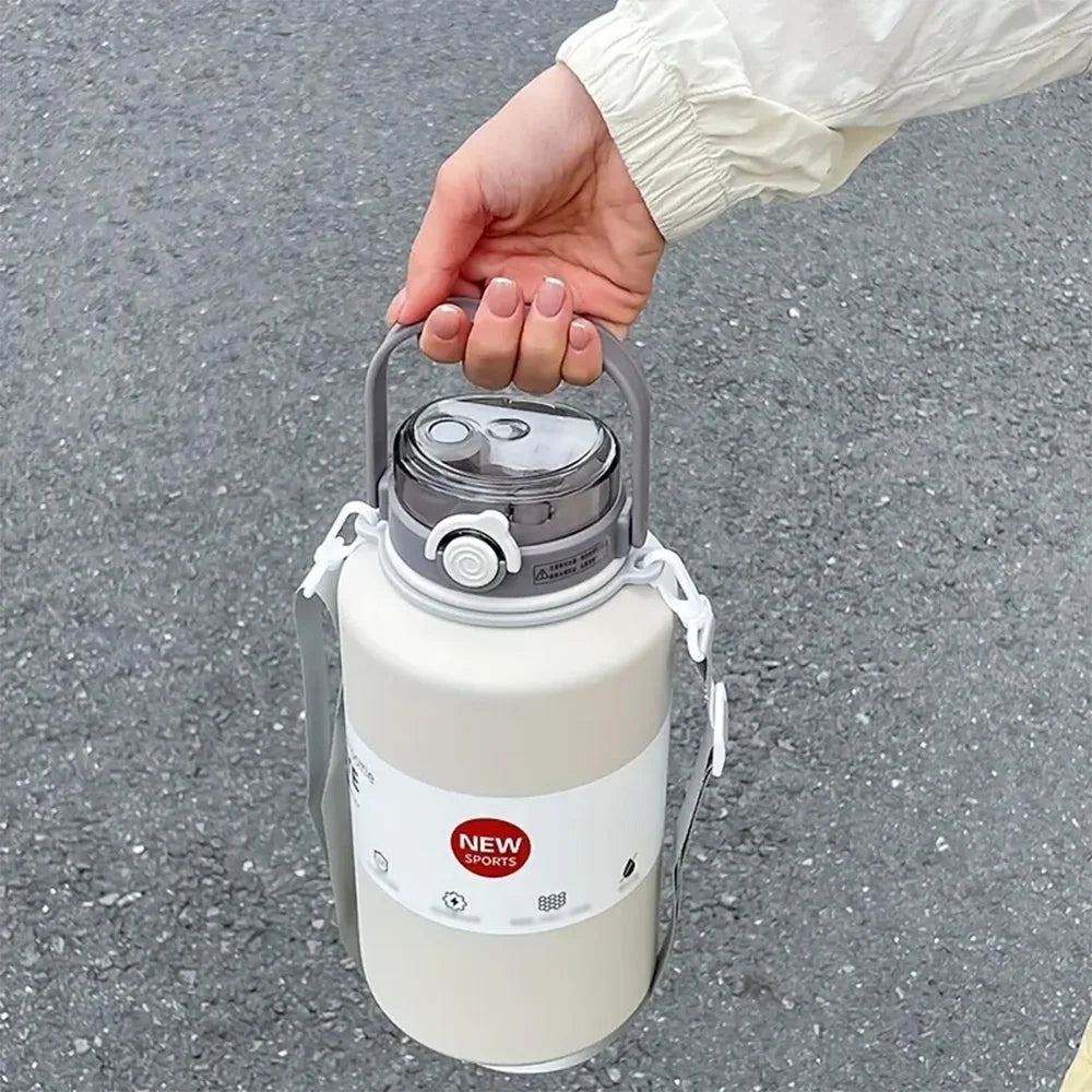 2L Large Capacity Thermos Bottle Stainless Steel Portable Vacuum Insulated Tumbler Keep Cold and Hot Thermo Cup With Back Strap