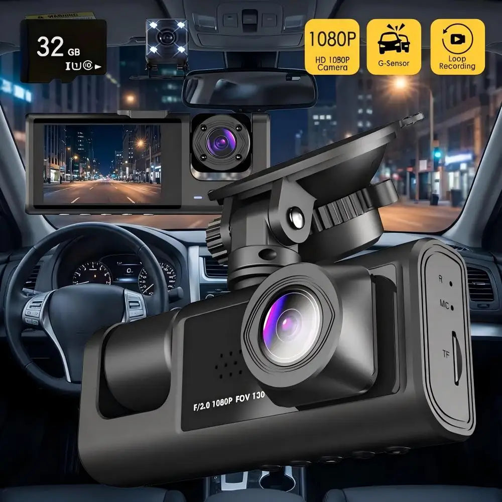 3 Channel Car Camera IR Night Vision 1080P 3-Lens Inside Vehicle Dashcam With 32GB Memory Card Loop Recording Car DVRs Camera