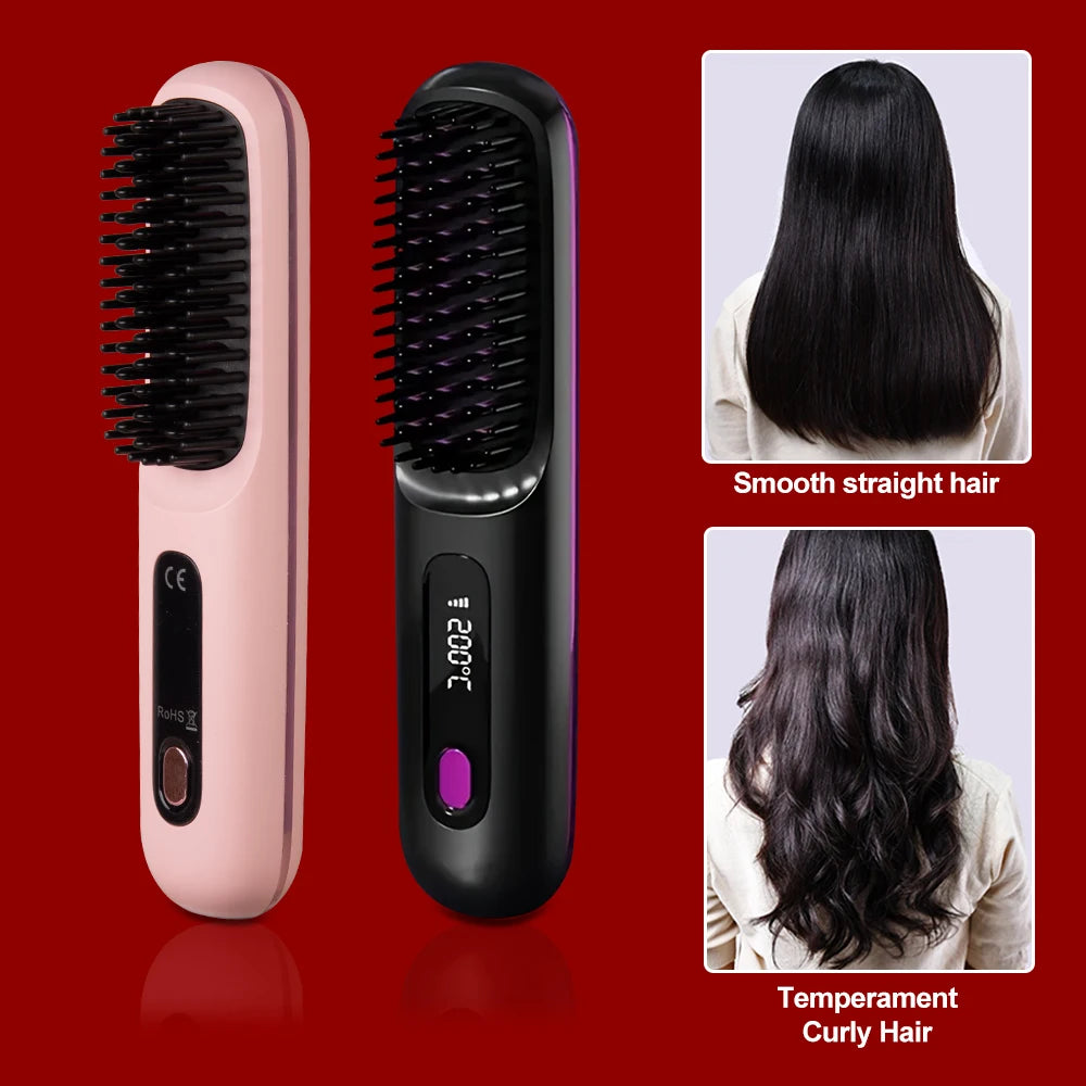 Cordless Hair Straightener Brush 3-Temperature Adjustable Electric Negative Ions Anti-Scald Straightening Comb Hair Styling Tool