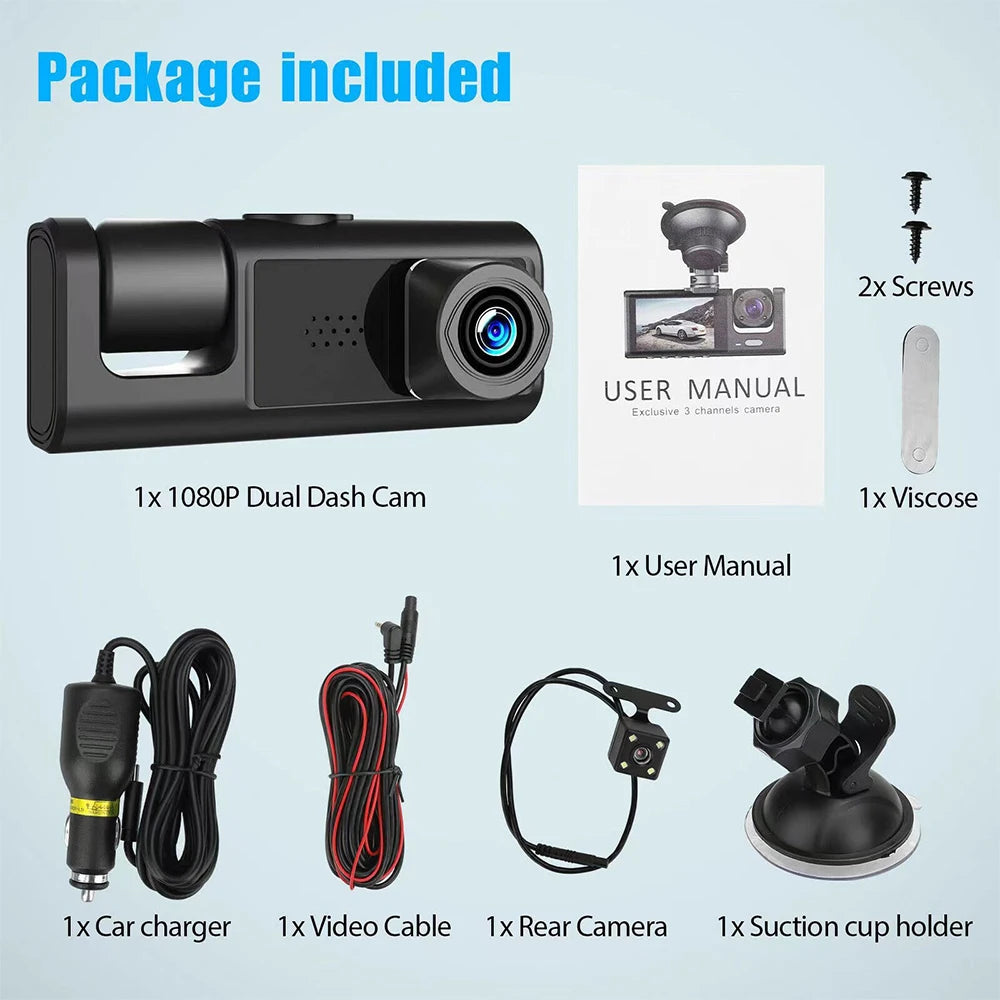3 Channel Car Camera IR Night Vision 1080P 3-Lens Inside Vehicle Dashcam With 32GB Memory Card Loop Recording Car DVRs Camera