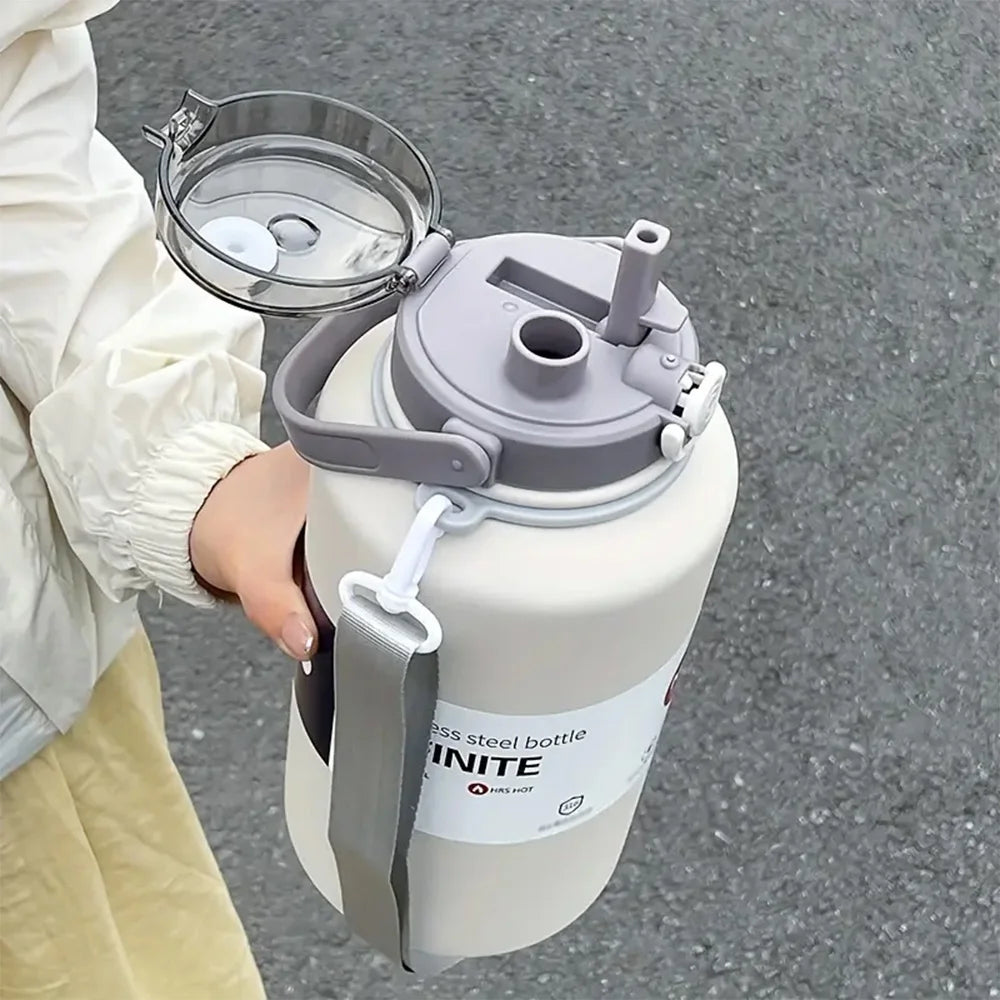 2L Large Capacity Thermos Bottle Stainless Steel Portable Vacuum Insulated Tumbler Keep Cold and Hot Thermo Cup With Back Strap