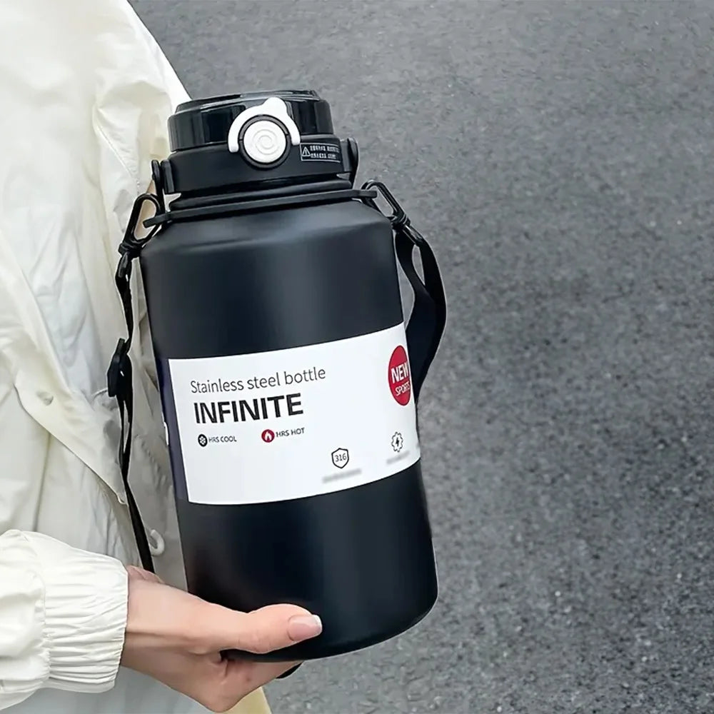 2L Large Capacity Thermos Bottle Stainless Steel Portable Vacuum Insulated Tumbler Keep Cold and Hot Thermo Cup With Back Strap