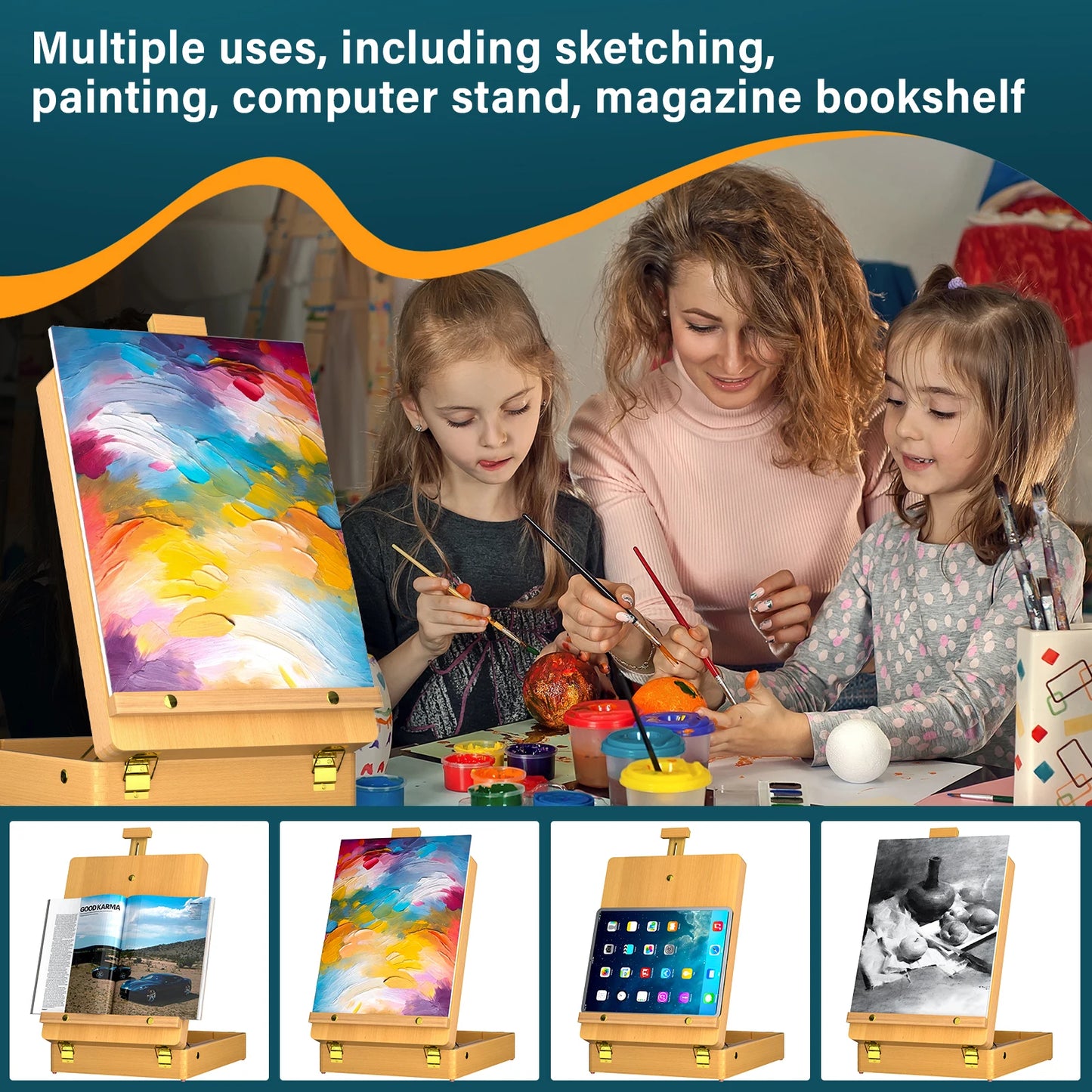 Wooden Tabletop Easel with Storage Drawers – Foldable Artist Easel Box