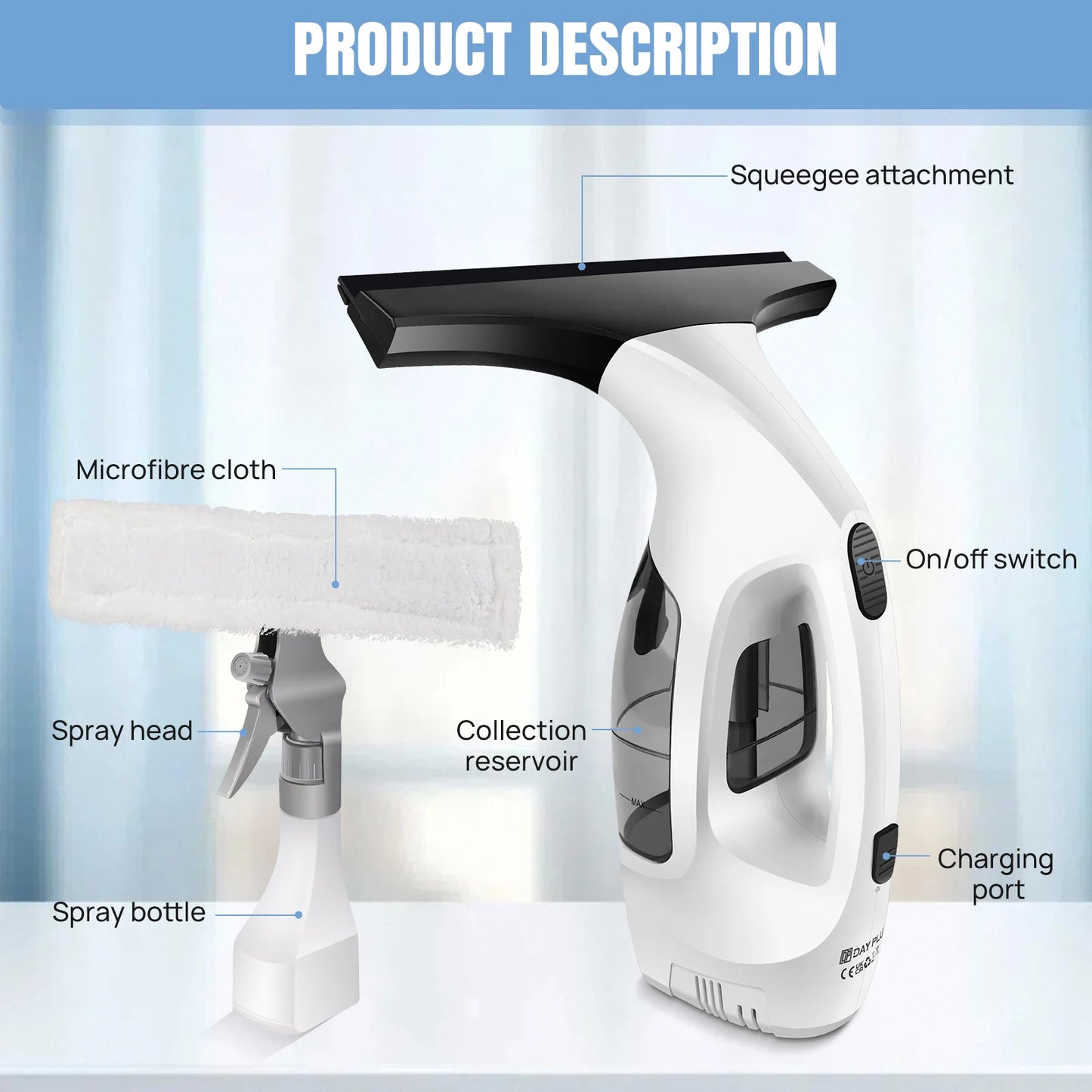 Cordless Window Vac, Electric Squeegee Window Streak-Free Cleaning, Condensation Removal, 50 min Running Time, Compact Portable