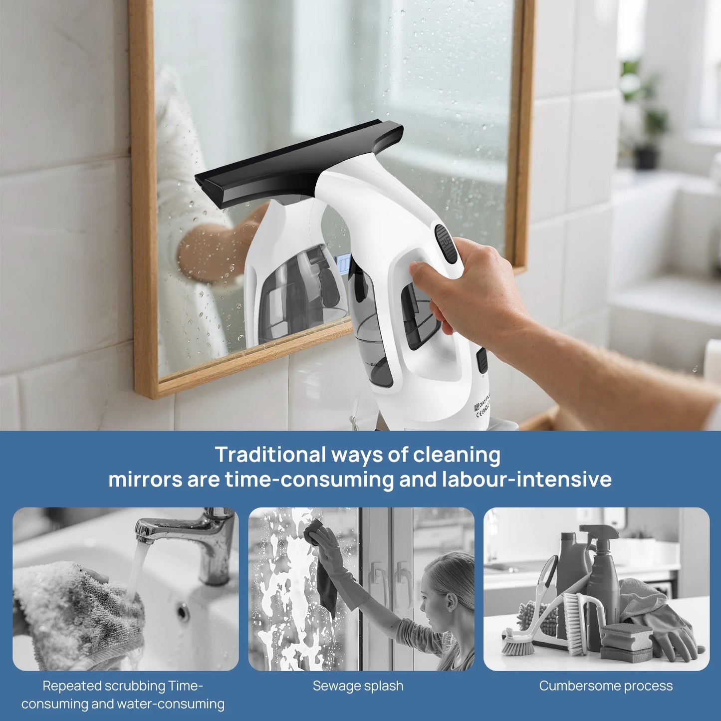 Cordless Window Vac, Electric Squeegee Window Streak-Free Cleaning, Condensation Removal, 50 min Running Time, Compact Portable